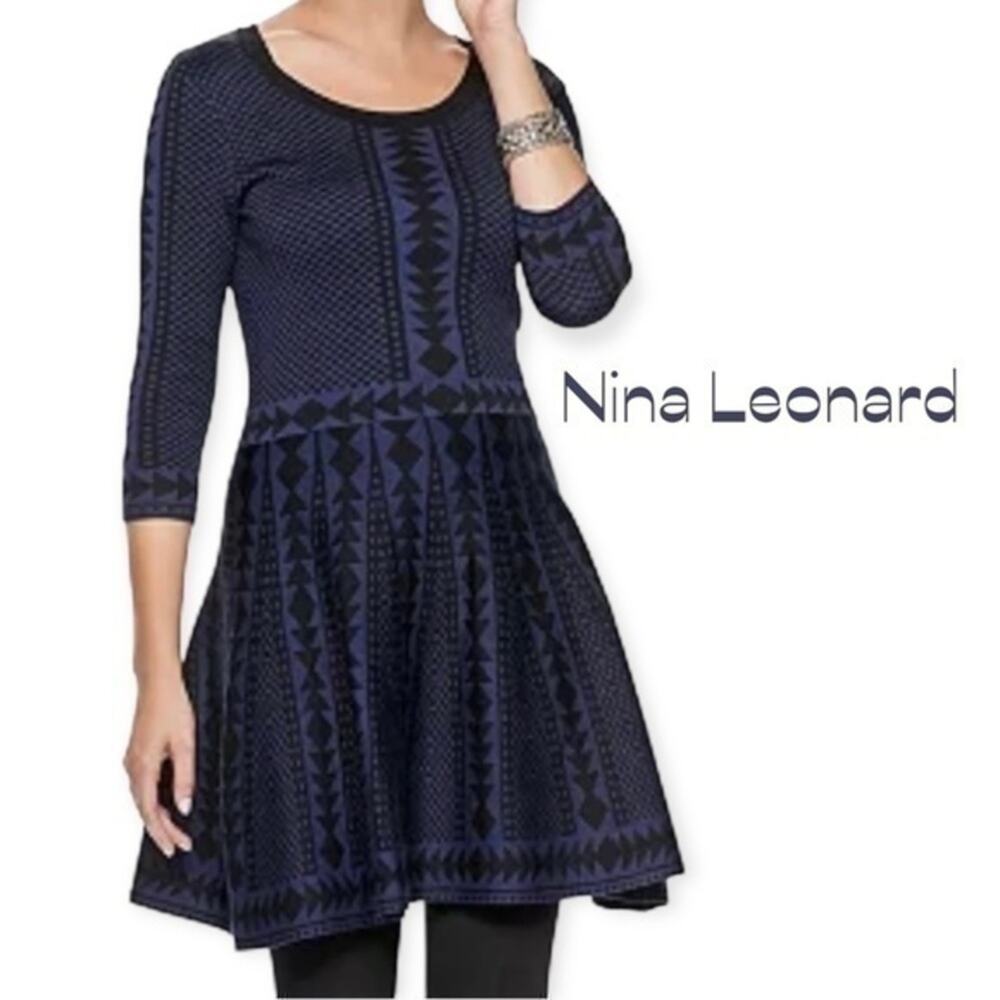 Nordstrom Nina Leonard Black Blue Sweater Dress NWOT Size M